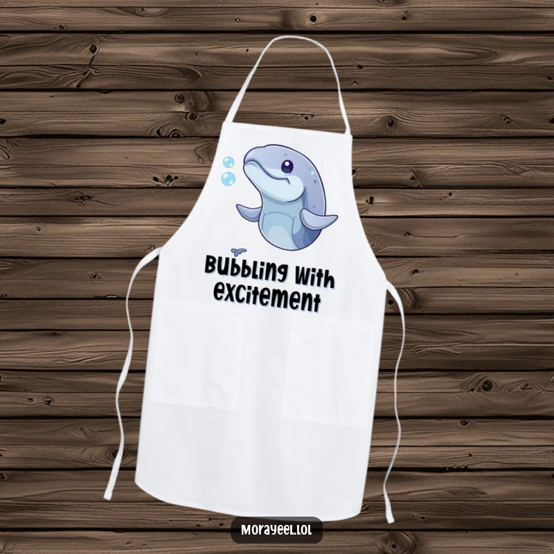 Funny apron showing a playful moray eel with its mouth open, comically trying to catch a bubble. Great for kitchen play.
