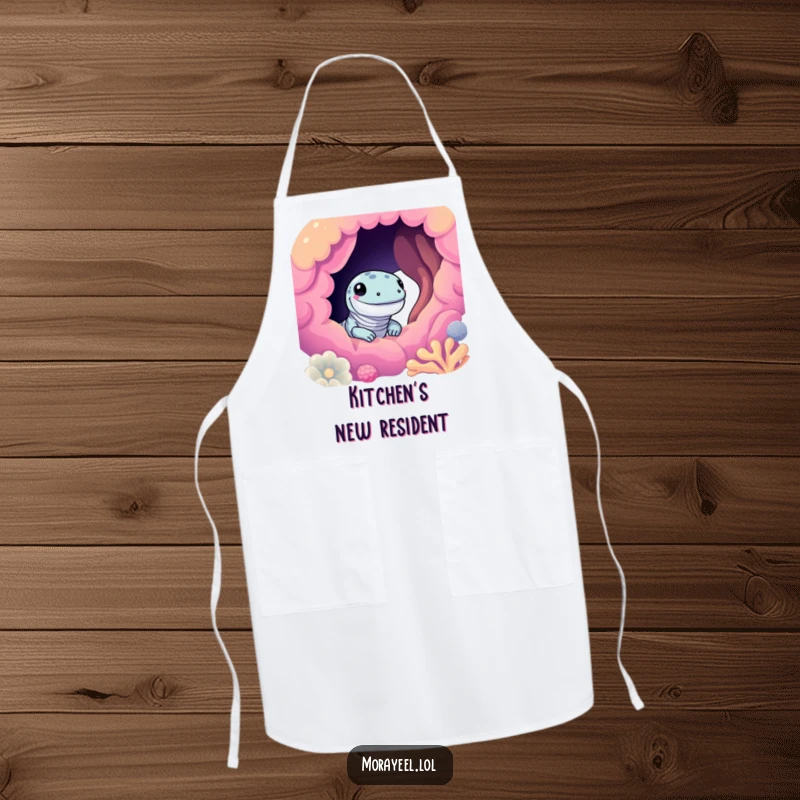 Funny moray eel apron featuring a cute eel smiling and peeking from a colorful coral hole, ideal for kitchen enthusiasts.