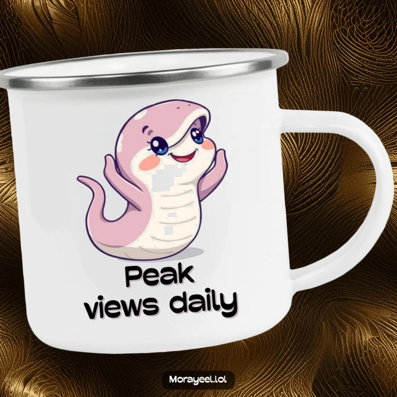 Funny Moray Eel Camping Mug: A curious eel looking around, perfect for outdoor adventures and offering a witty drinking experience, a funny gift.