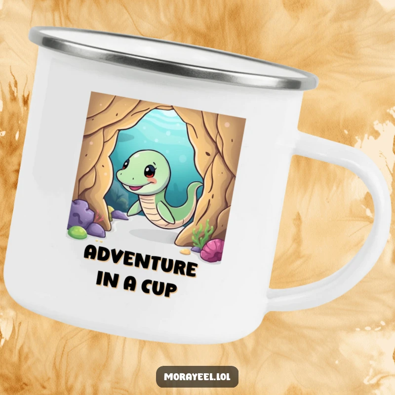 Funny moray eel camping mug with a smiling eel playfully wiggling through an underwater cave, perfect for enjoying drinks outdoors.