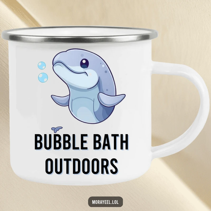 Funny camping mug with a playful moray eel humorously trying to catch a bubble. Rugged and amusing.