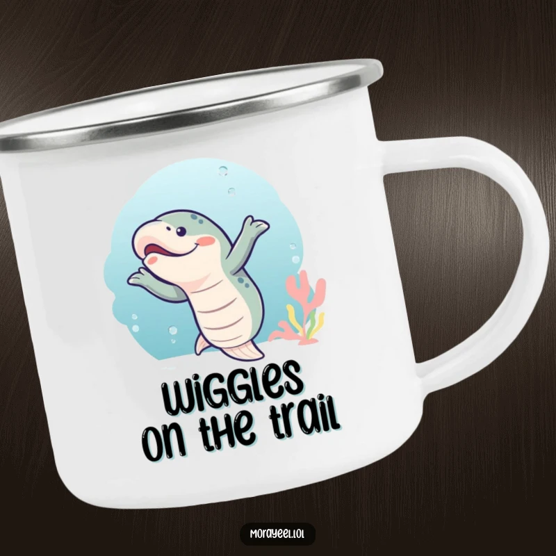 Funny moray eel dancing by a campfire, depicted on a durable camping mug for outdoor enthusiasts.