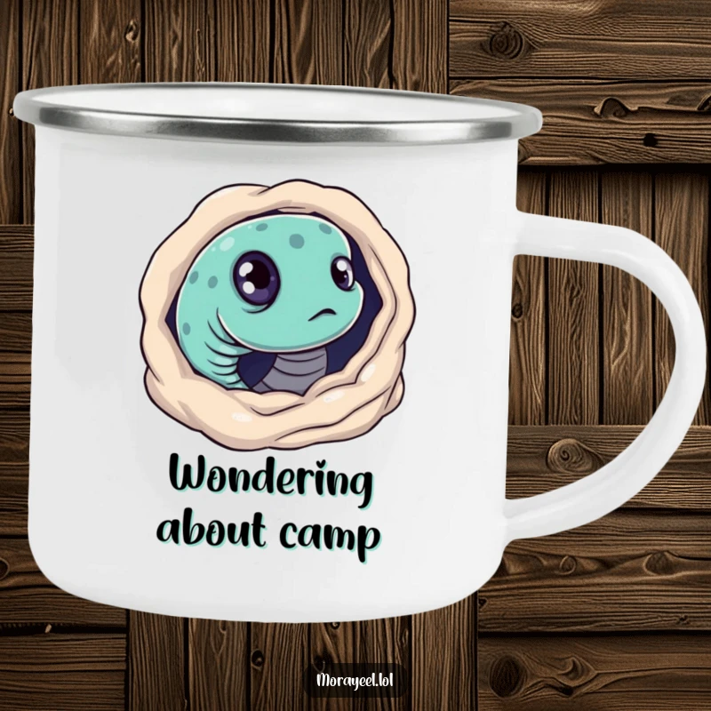 Funny camping mug with a moray eel with curious eyes, humorously peeking from its hole. Rugged and intriguing.