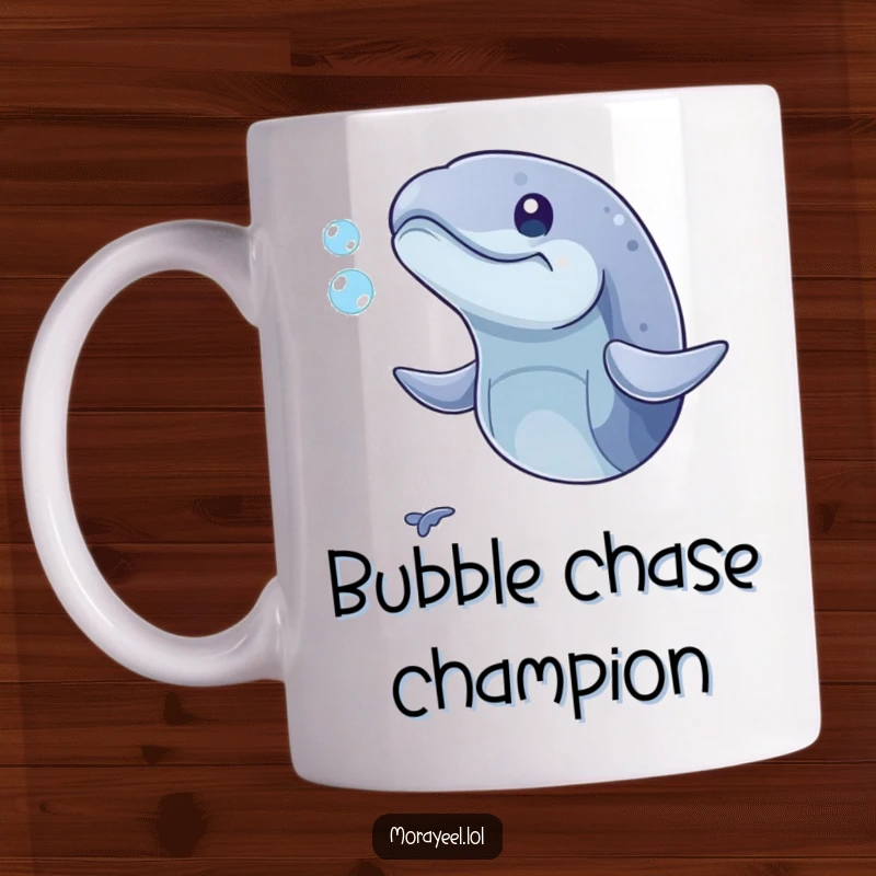 Funny mug showing a playful moray eel with its mouth open, comically trying to catch a small, floating bubble.