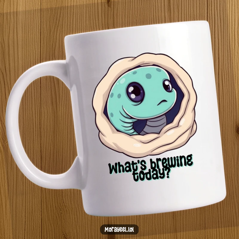 Funny mug featuring a moray eel with big, curious eyes, peering attentively from its dark hole.