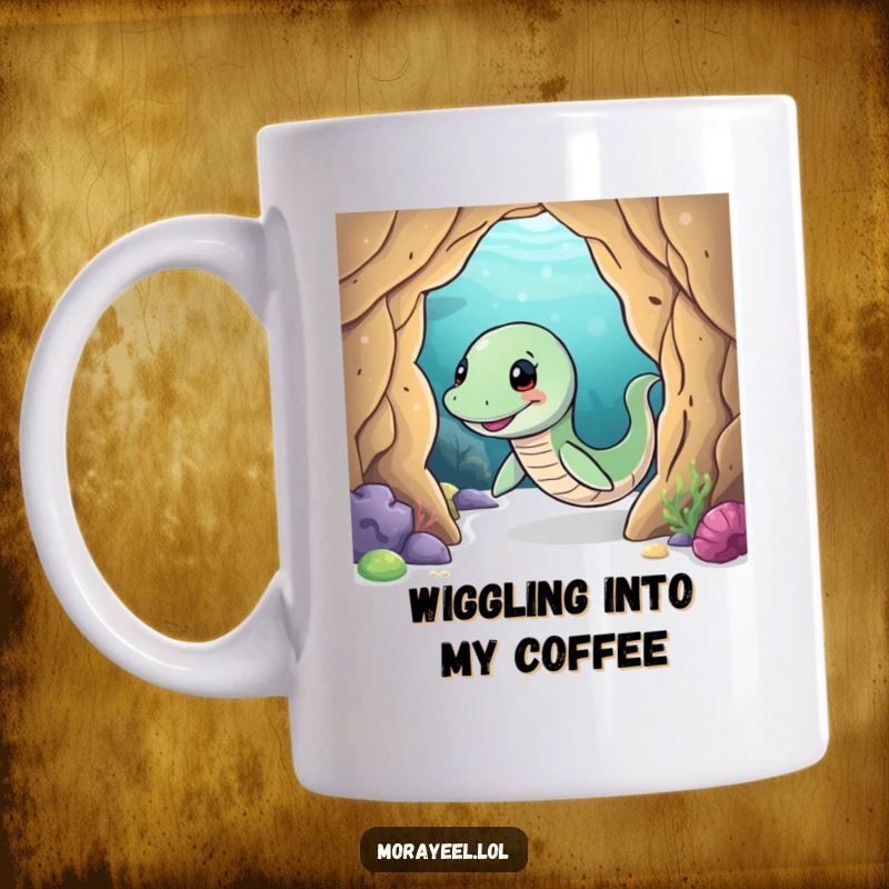 Funny moray eel mug with a smiling eel playfully wiggling through a mysterious underwater cave, conveying a sense of adventure.