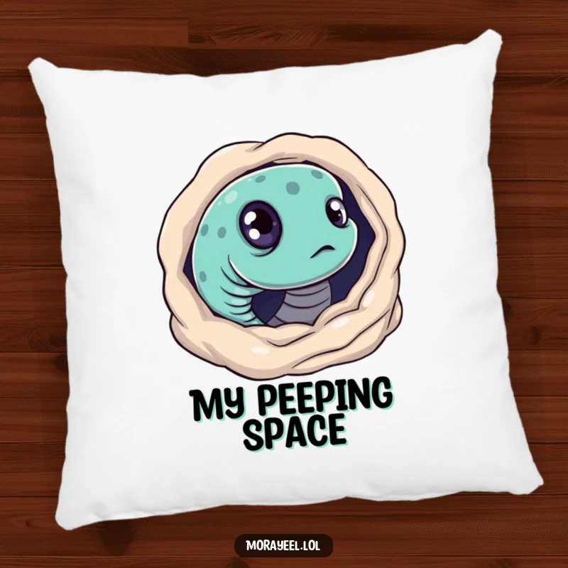 Funny pillow featuring a moray eel with big, curious eyes, humorously peeking from its hole. Plush and intriguing.