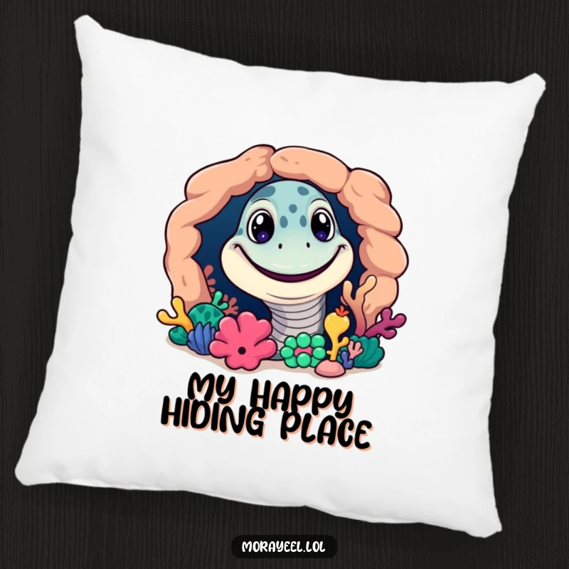 Funny pillow featuring a grinning moray eel peeking from a colorful coral reef, perfect for cozy, humorous comfort.