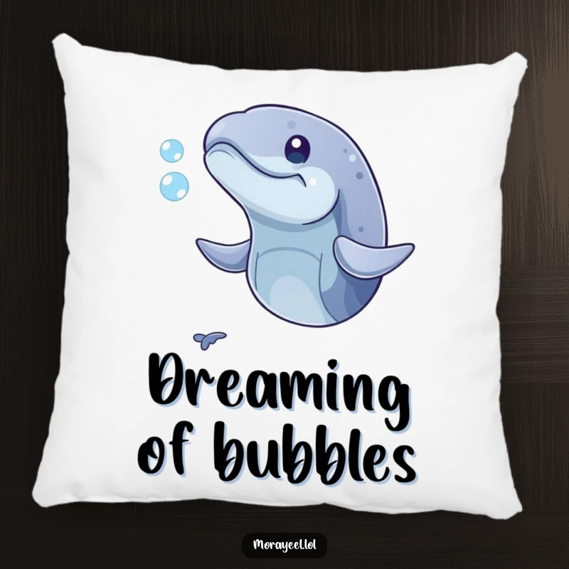 Funny pillow featuring a playful moray eel with its mouth open, humorously trying to catch a bubble. Plush and amusing.