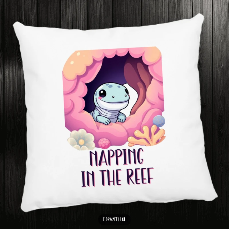 Funny moray eel pillow with a cute eel smiling and peeking from a colorful coral hole, perfect for adding comfort and ocean vibes.