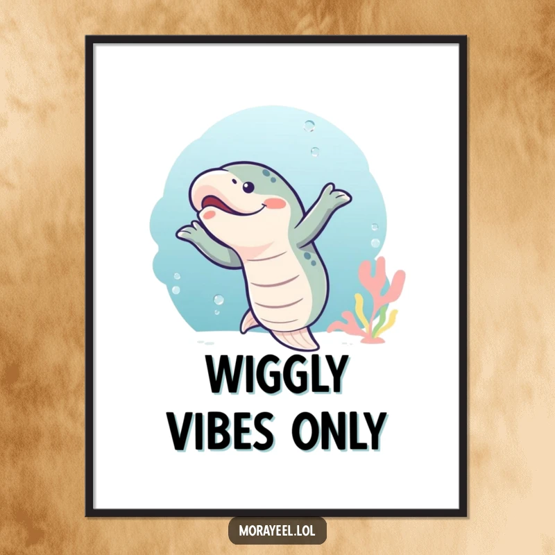 Funny moray eel in a joyful wiggly dance, rendered as high-resolution digital art print for wall decor.