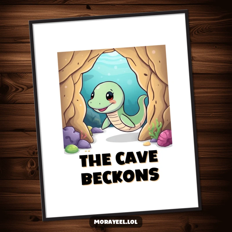 Funny moray eel digital art print of a smiling eel playfully wiggling through an underwater cave, ideal for adventurous and intriguing decor.