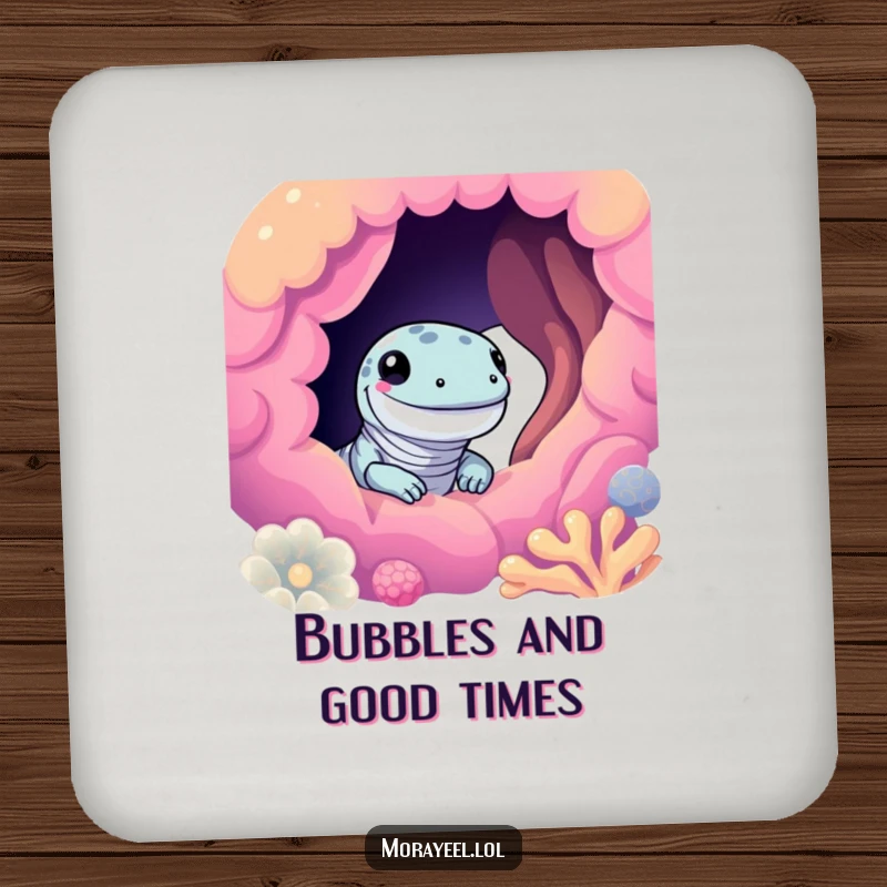 Funny moray eel coaster featuring a cute eel smiling and peeking from a colorful coral hole, protecting surfaces with ocean humor.