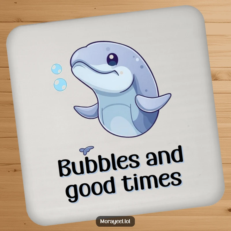 Funny drink coaster featuring a playful moray eel with its mouth open, humorously trying to catch a bubble.