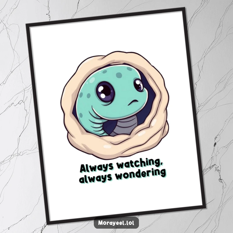 Funny poster art of a moray eel with large, curious eyes, peeking intently from its dark hole in the reef.