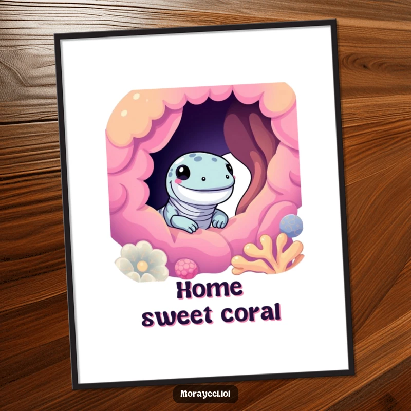 Funny moray eel poster showcasing a cute eel smiling and peeking from a colorful coral hole, perfect for vibrant wall decor.