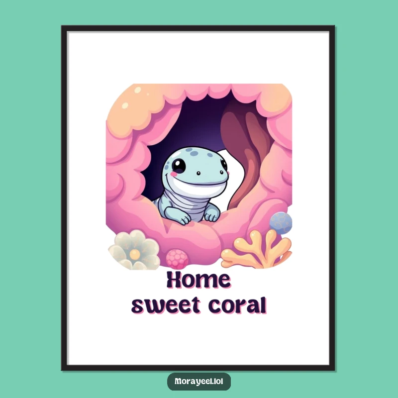 Funny Moray Eel Coral Poster - Cute Peek Ocean Art, Unique Funny Gift Decor