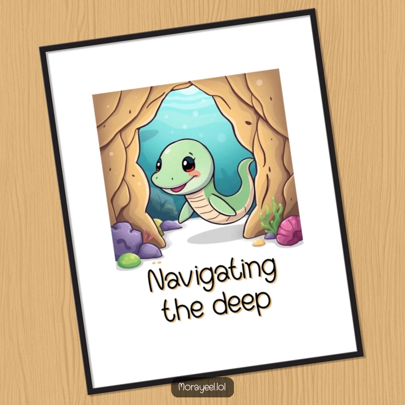 Funny moray eel poster showcasing a smiling eel playfully wiggling through an underwater cave, perfect for adventurous wall decor.