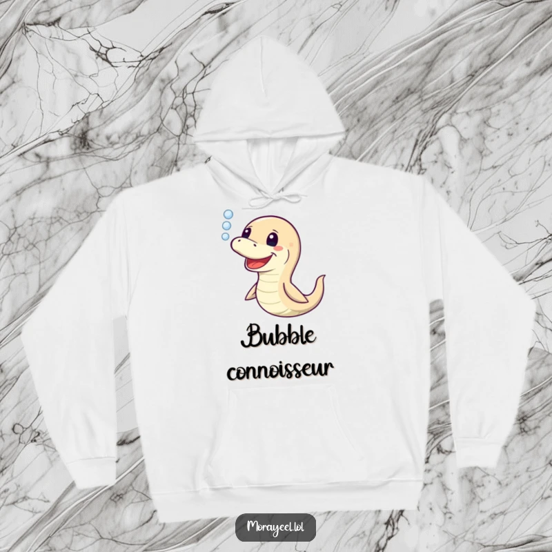 Funny Moray Eel Hoodie: A cheerful eel expelling a stream of bubbles, offering warmth and humor as a funny gift.