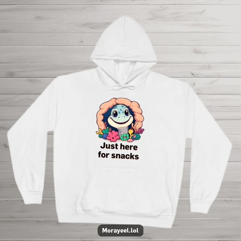 Funny hoodie with a grinning moray eel peeking from a colorful coral reef, perfect for cozy, humorous wear.