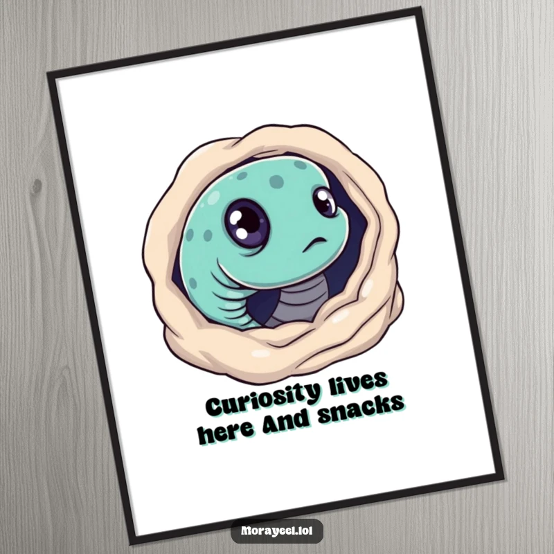 Funny Free Printable Wall Art showcasing a moray eel with large, curious eyes peeking out from the darkness of its hole.