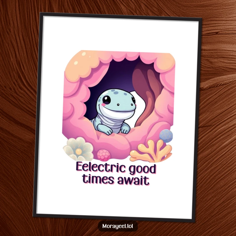 Funny Free Printable Wall Art of a cute moray eel character peeking with a smile from a wonderfully colorful coral hole.