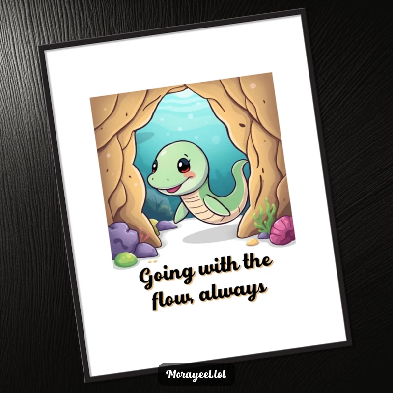 Funny Free Printable Wall Art of a smiling moray eel character playfully wiggling through a vibrant underwater cave.