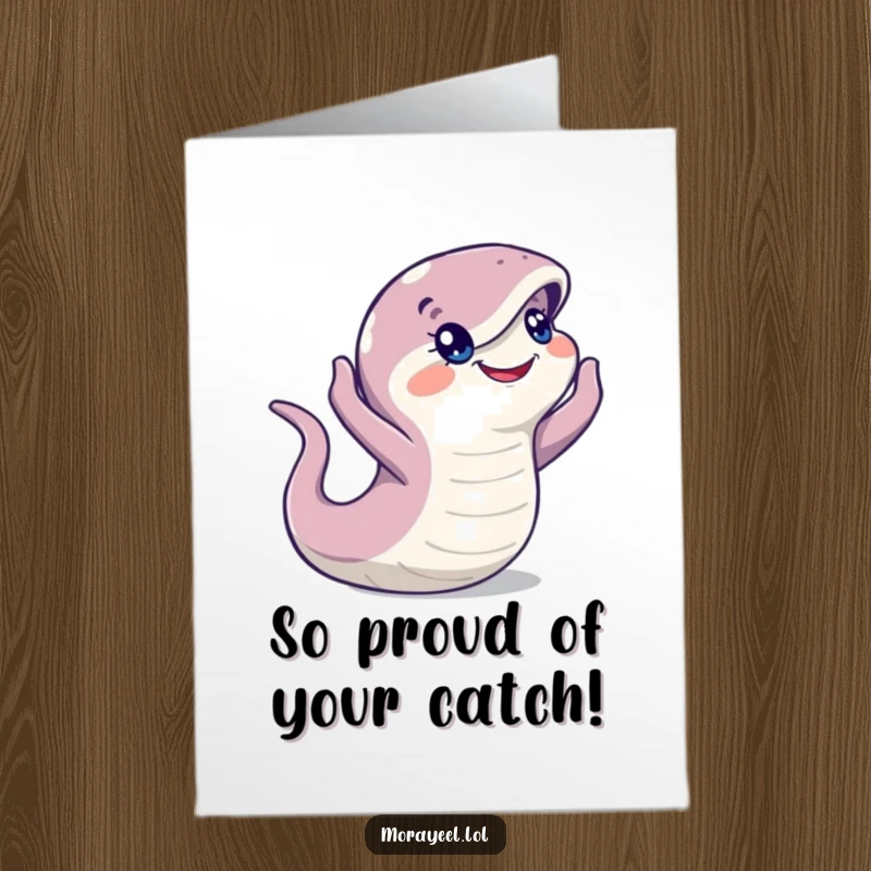 Funny Free Printable Congrats Card: A happy moray eel character observing its surroundings with head held high, celebrating success.