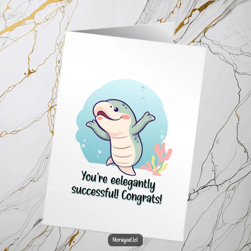 Funny Free Printable Congratulations Card showing a moray eel performing a joyful wiggly dance, perfect for celebrating.