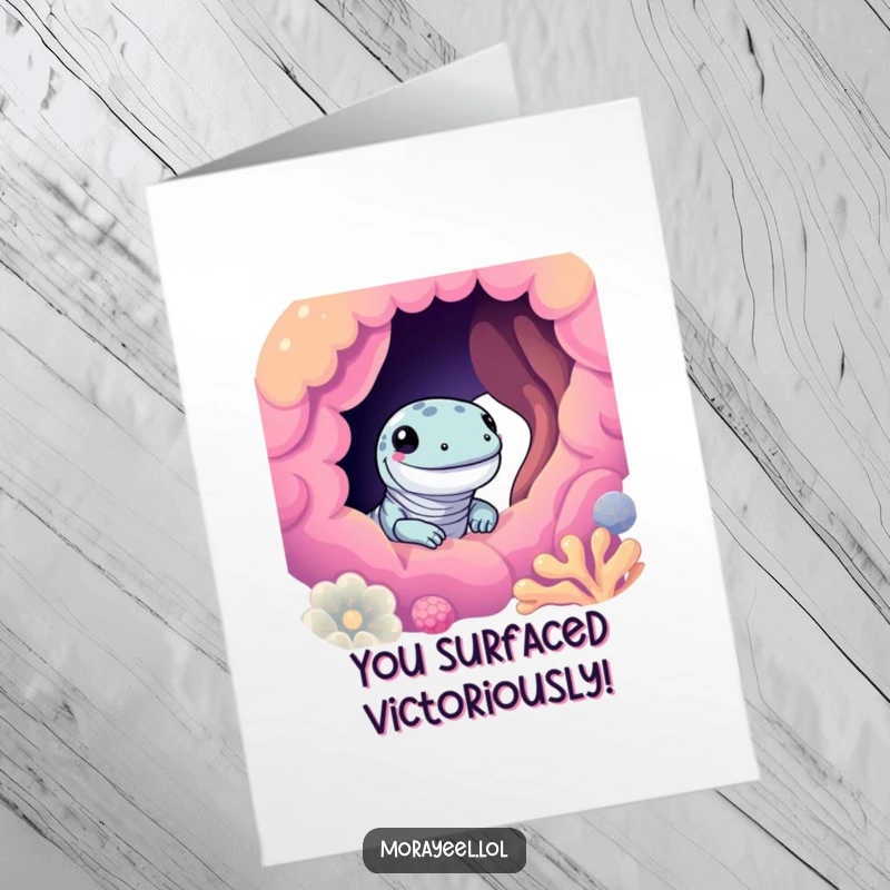 Free Printable Congratulations Card with a smiling cute moray eel character peeking out from a colorful coral hole.