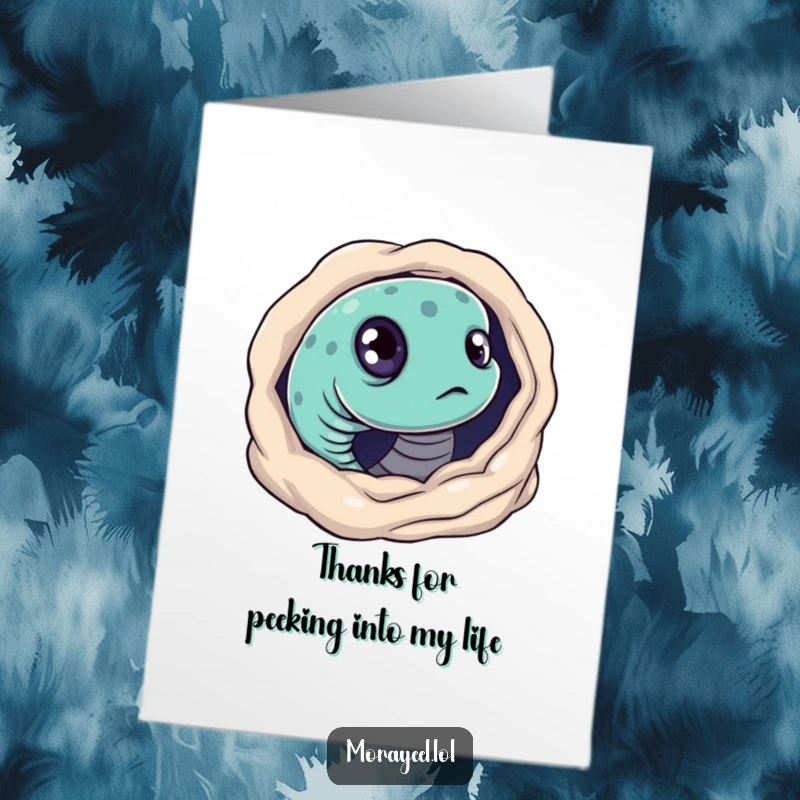 Funny Free Printable Thank You Card of a moray eel with big, curious eyes looking directly out from its hole.