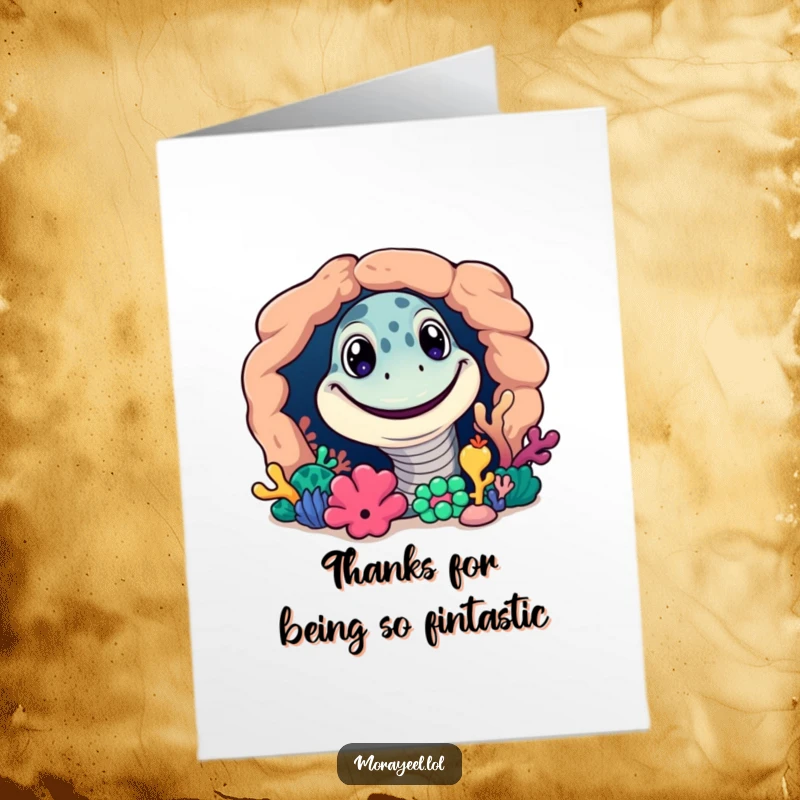 Funny Free Printable Thank You Card showing a moray eel with a big grin peeking out from a colorful coral crevice.