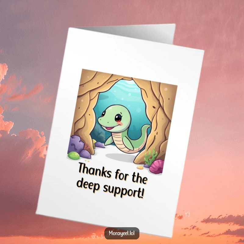 Free Printable Thank You Card featuring a smiling moray eel character playfully wiggling its way through an underwater cave.