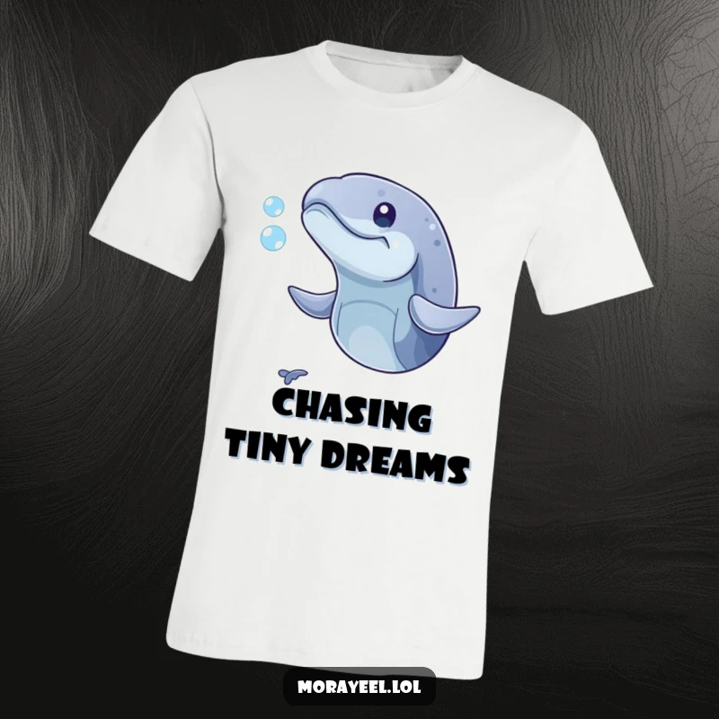 Funny t-shirt depicting a playful moray eel with its mouth open, comically attempting to catch a tiny bubble.