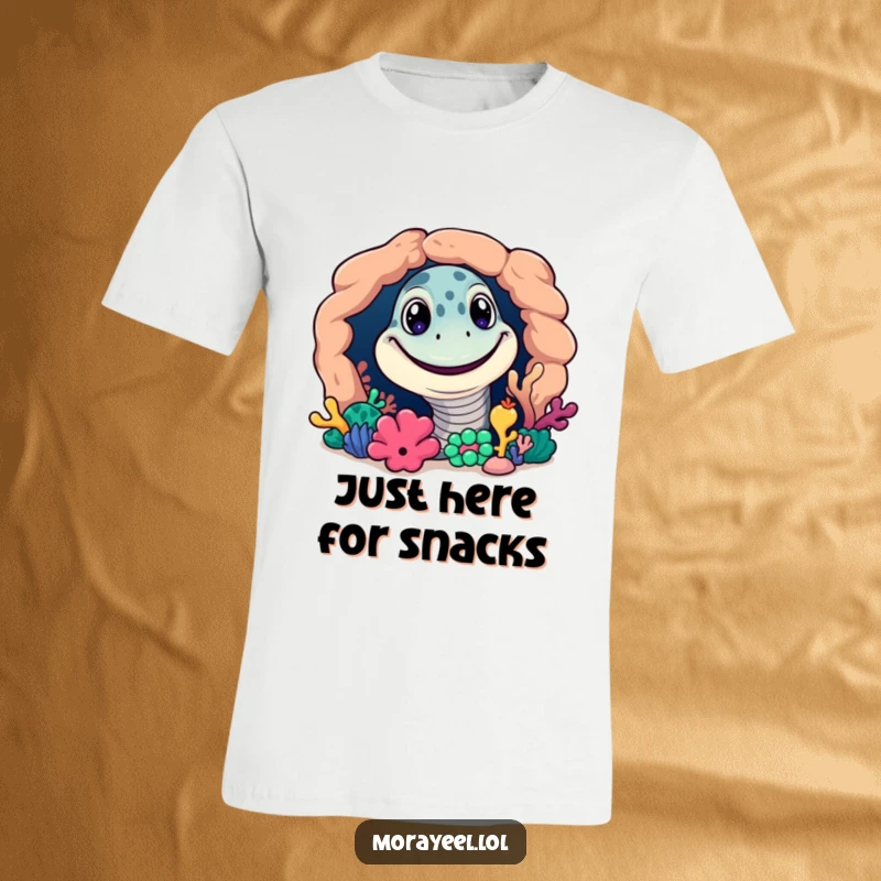 Funny t-shirt showcasing a grinning moray eel emerging from a colorful coral reef, radiating underwater charm.