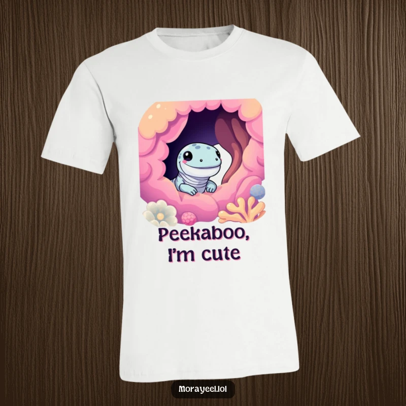 Funny moray eel t-shirt with a cute eel smiling and peeking from a colorful coral hole, great for beach lovers and reptile fans.