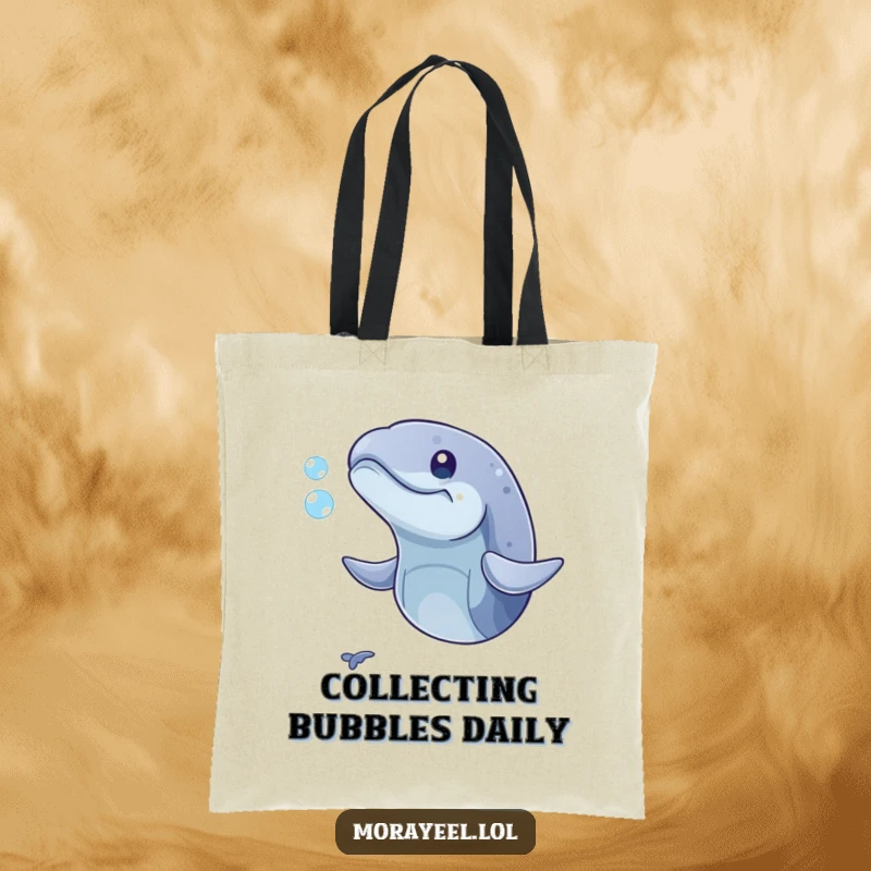 Funny tote bag illustrating a playful moray eel with its mouth open, comically trying to catch a bubble. Whimsical and practical.