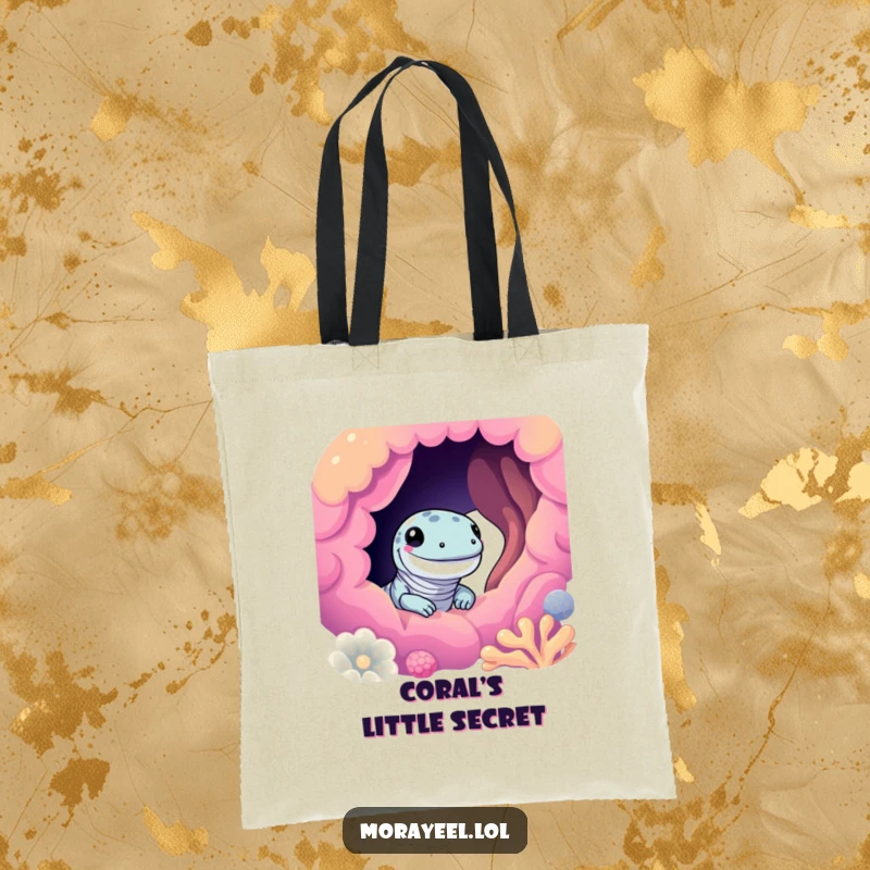 Funny moray eel tote bag with a cute eel smiling and peeking from a colorful coral hole, great for shopping and beach trips.